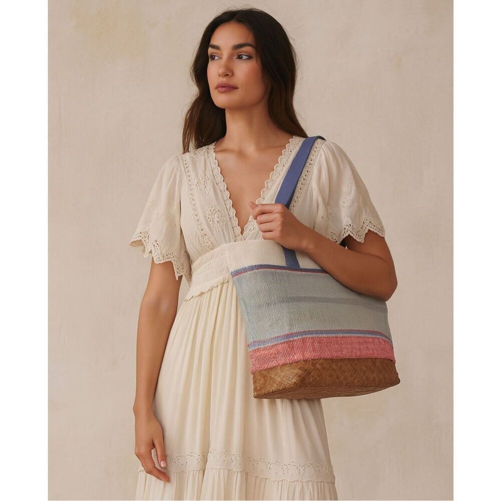 Guadalupe Aruba Tote Red White Blue Wide Stripe Cotton Canvas Prep Nautical NWT